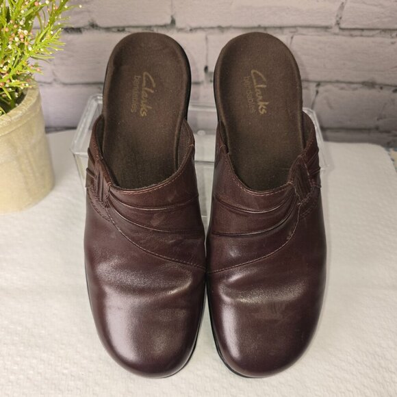 WOMENS CLARK SLIP ON BROWN LEATHER MULES SMALL HEEL SIZE 8.5 EUC - Picture 8 of 9